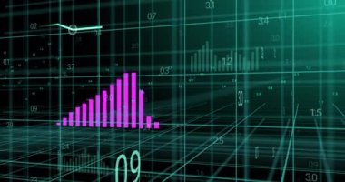 Pembe grafik ve veri işleme sisteminin 3 boyutlu animasyonu. Dijital olarak oluşturulmuş küresel iletişim, iş, finans ve veri arayüzü kavramı.