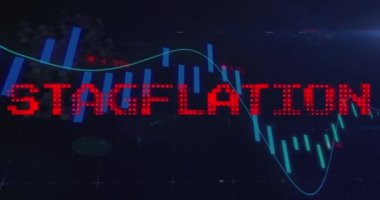 Grafik işleme verileri üzerine kırmızı renkli durgunluk metninin animasyonu. Küresel iş ekonomisi, durgunluk, enflasyon ve dijital iletişim konsepti dijital olarak oluşturulmuş video.