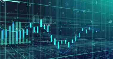 Siyah arkaplandaki ızgaralar üzerinde grafik ve işlem verilerinin animasyonu. Dijital olarak oluşturulmuş küresel iletişim, iş, finans ve veri arayüzü kavramı.