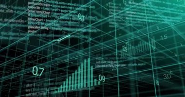 Siyah zemin üzerinde veri işleme katmanlarının ve grafiklerin animasyonu. Dijital olarak oluşturulmuş küresel iletişim, iş, finans ve veri arayüzü kavramı.