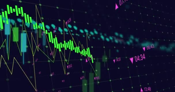 黒の背景でデータを処理するグラフ上の緑のグラフのアニメーション グローバルビジネス経済 インフレとデジタル通信の概念デジタル生成されたビデオ — ストック動画