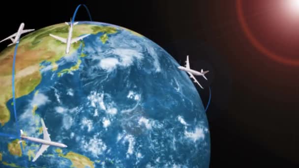 宇宙背景に地球を飛行する飛行機のデジタル生成4K — ストック動画