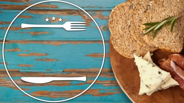 パンとチーズ付きフォークとバターナイフのベクトルアイコン4K — ストック動画