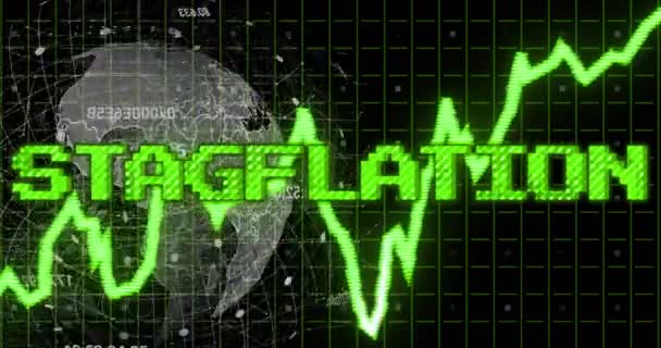 Animace Stagflačního Textu Zeleně Nad Zeleným Grafem Zeměkoulí Zpracováváním Dat — Stock video