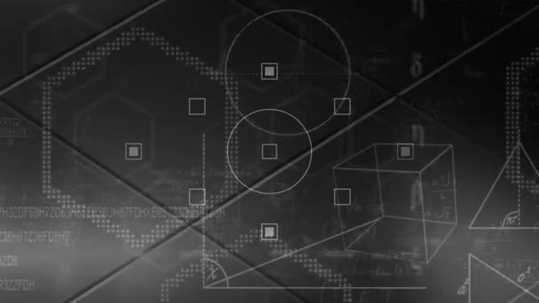 스캐너의 애니메이션은 어두운 형태와 방정식으로 데이터를 글로벌 커뮤니케이션 네트워크 디지털 — 비디오