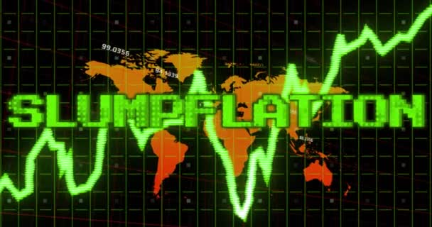 Анимирование Стагфляционного Текста Зеленым Поверх Графика Оранжевой Картой Мира Данными — стоковое видео