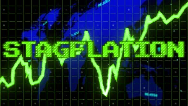Animace Stagflačního Textu Zelené Nad Grafem Modré Mapě Světa Zpracovávanými — Stock video