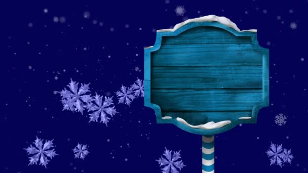 B青の背景にコピースペース付きの雪片や木板のアニメーション クリスマス お祝いのコンセプトデジタル生成ビデオ — ストック動画