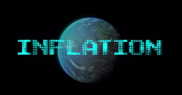Animatie Van Inflatietekst Blauw Hele Wereld Draaiend Zwarte Achtergrond Mondiale — Stockvideo