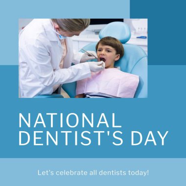 Ulusal dişçi günü kompozisyonu ve kadın dişçi ve erkek hasta. Ulusal dişçi günü, dişçilik ve diş bakımı konsepti.