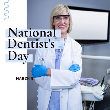 Ulusal dişçi günü metninin ve ameliyatta kadın dişçinin kompozisyonu. Ulusal dişçi günü, diş hekimliği ve diş sağlığı konsepti.