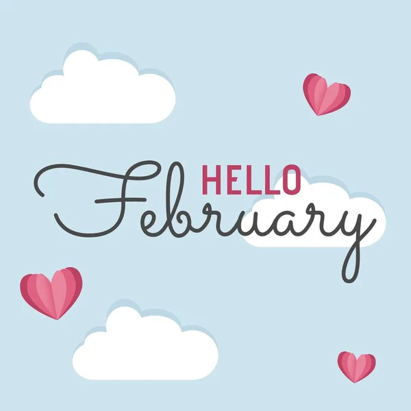 Composição Texto Olá Fevereiro Sobre Nuvens Corações Olá Fevereiro Celebração — Fotografia de Stock