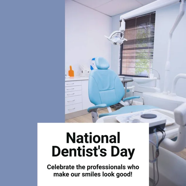 Composition of national dentist\'s day text and dentist\'s chair in surgery. National dentist\'s day, dentistry and tooth health concept.