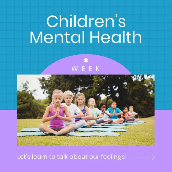 Skład Tekstu Tygodnia Zdrowia Psychicznego Dzieci Nad Różnorodnymi Dziećmi Niebieskim — Zdjęcie stockowe