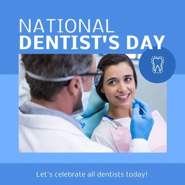 Composition of national dentist\'s day and male dentist with female patient. National dentist\'s day, dentistry and tooth care concept.