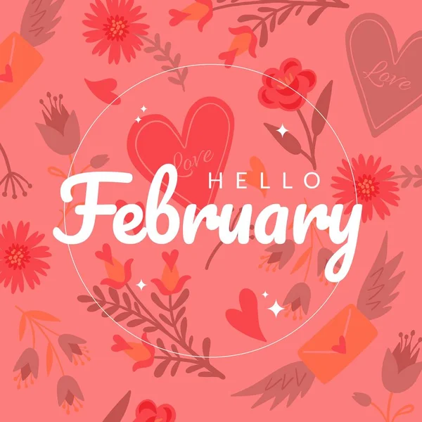 Composição Olá Fevereiro Texto Sobre Flores Corações Olá Fevereiro Celebração — Fotografia de Stock
