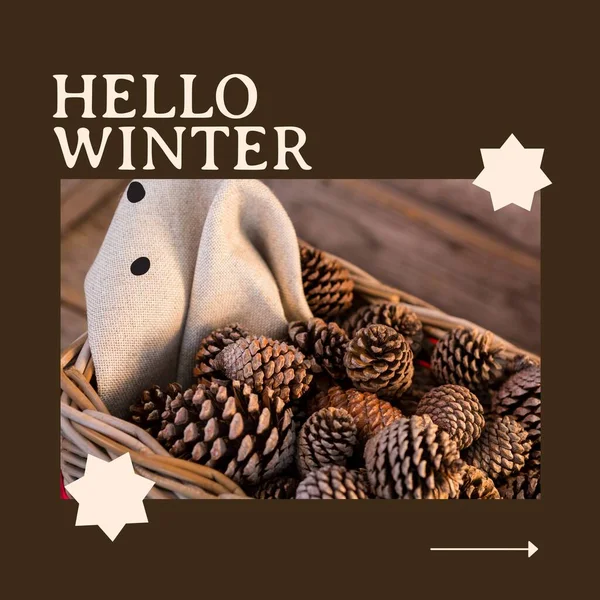 Square Image Hello Winter Text Pine Cones Basket Brown Background — Stock Photo, Image
