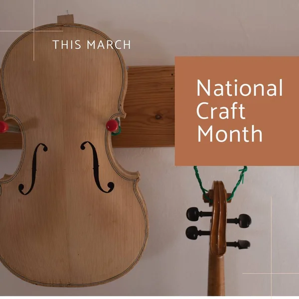作坊中的全国手工月文字与小提琴作曲 国家工艺月 工艺和小企业概念 — 图库照片