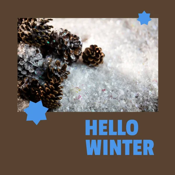 Quadratisches Bild Von Hallo Wintertext Mit Tannenzapfen Auf Braunem Hintergrund — Stockfoto