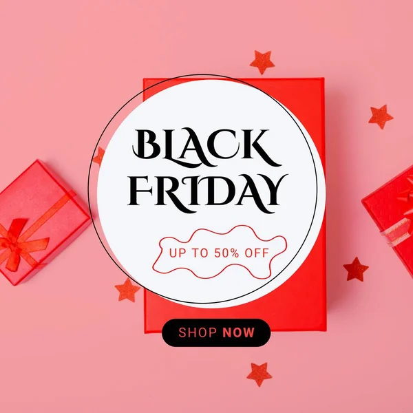 黑色星期五的成分多达50 的商店了 现在文字了粉红背景的礼物 黑色星期五 购物及零售概念数码图像 — 图库照片
