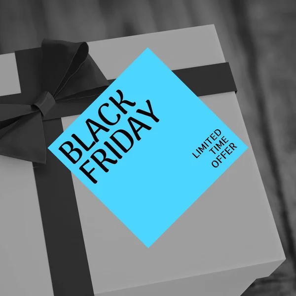 Composition Black Friday Text Blue Sign Present Ribbon Black Friday — Stock Photo, Image