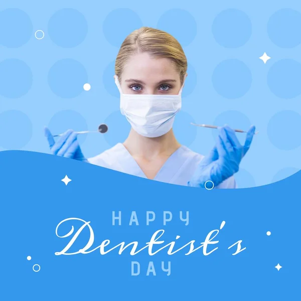 Composition of dentist\'s day text and caucasian female dentist in face mask. Dentist\'s day and tooth care concept.