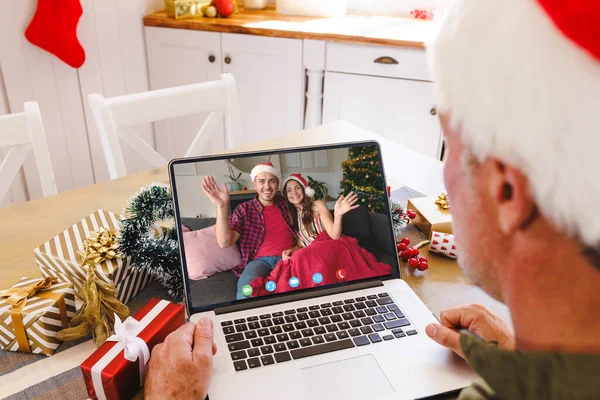 Homme Caucasien Avec Chapeau Père Noël Ayant Appel Vidéo Avec — Photo