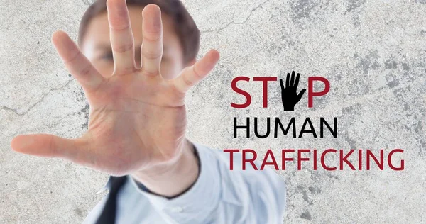Kompozyt Powstrzymania Handlu Ludźmi Białej Kobiety Pokazującej Znak Stopu Pod — Zdjęcie stockowe