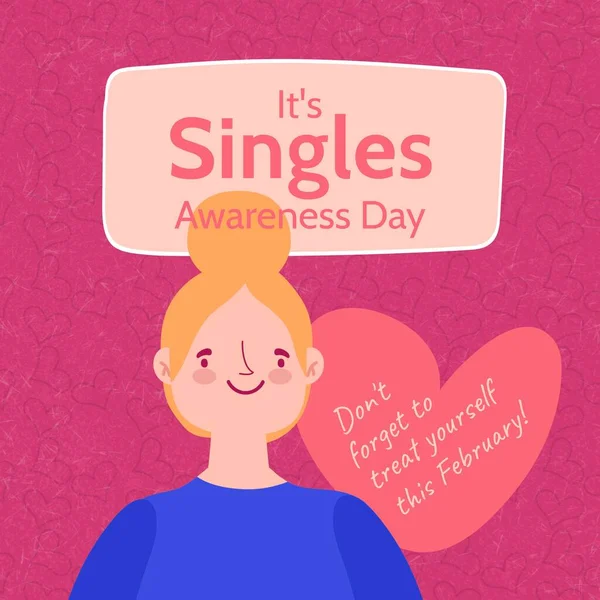 Composition of singles awareness day text, smiling woman and red heart on pink background. Singles awareness day and relationship concept.