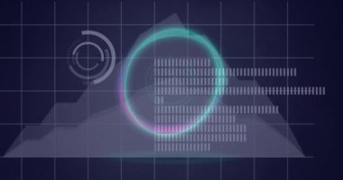 Müzik dengeleyicisi üzerine neon şeklinin animasyonu ve gri arka planda istatistiksel veri işleme. İş veri teknolojisi kavramı