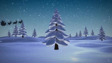 Karlı kış manzarasında ağaçların üzerinde uçan kızak siluetinde baba animasyonu. Noel, gelenek ve kutlama konsepti dijital olarak oluşturuldu.
