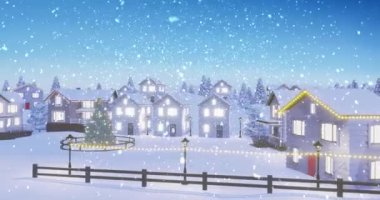 Evleri ve kış manzarası olan Noel ağacının üzerine düşen karların animasyonu. Noel, gelenek ve kutlama konsepti dijital olarak oluşturuldu.