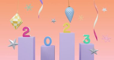 Yeni yılda 2023 numaranın animasyonu ve pembe arka planda noel süslemeleri. Yeni yıl arifesi, kutlama ve şenlik konsepti dijital olarak oluşturuldu.