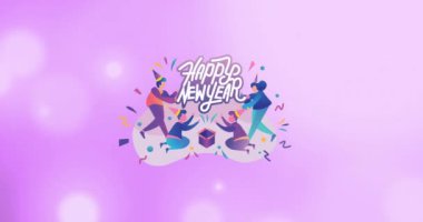 Mor noktalar üzerinde mutlu yeni yıl metni animasyonu. Yeni yıl, gelenek ve kutlama konsepti dijital olarak oluşturuldu.