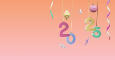 Yeni yılda 2025 numaranın animasyonu ve pembe arka planda noel süslemeleri. Yeni yıl arifesi, kutlama ve şenlik konsepti dijital olarak oluşturuldu.