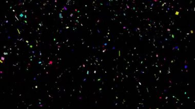 Siyah arkaplandan düşen renkli konfeti animasyonu. Noel, kış, gelenek ve kutlama konsepti dijital olarak oluşturulmuş video.