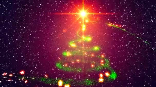 Animation Von Schnee Der Über Den Weihnachtsbaum Fällt Und Glühenden — Stockvideo