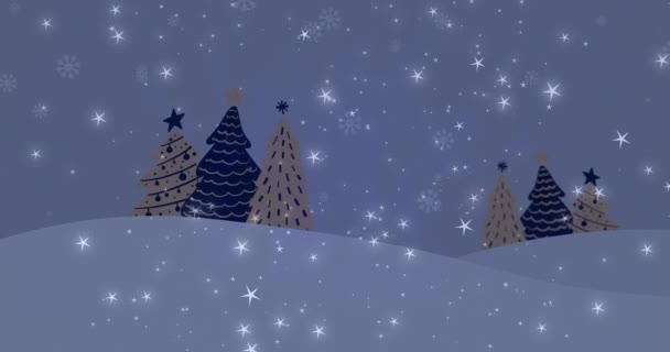 Animáció Csillagok Hópelyhek Karácsonyfa Ikonok Téli Táj Fénymásolási Hely Karácsonyi — Stock videók