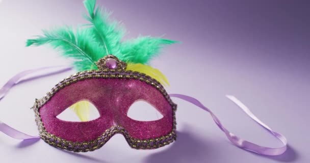 Vidéo Masque Carnaval Rose Avec Des Plumes Vertes Sur Fond — Video