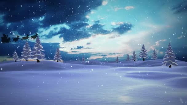 Animazione Natale Padre Slitta Silhouette Volare Sopra Paesaggio Invernale Innevato — Video Stock