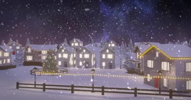 Animazione Neve Che Cade Sopra Albero Natale Con Case Paesaggio — Video Stock