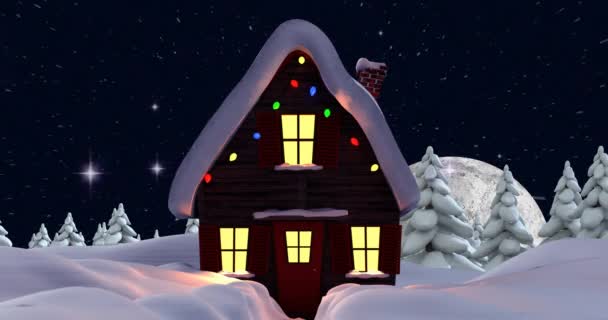 Animacja Zimowej Scenerii Domem Jodłami Świecącą Gwiazdą Śniegiem Padającym Ciemnoniebieskie — Wideo stockowe