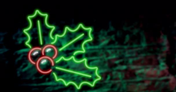 クリスマスの葉の上にレンガの壁のアニメーション クリスマス お祝いのコンセプトをデジタルで — ストック動画