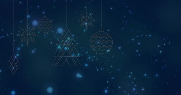 Animation Blue Spots Hanging Christmas Decorations Blue Background Copy Space — Stock Video