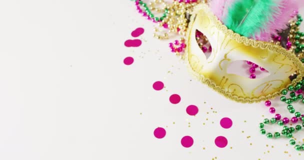 Video Masquerade Mask Mardi Gras Beads Confetti White Background Copy — Stock Video