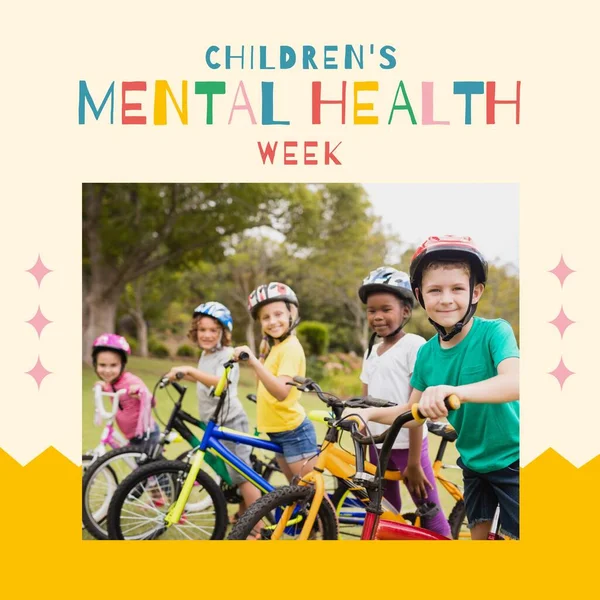 黄色の背景に多様な子供たちに対する子供の精神保健週間のテキストの構成 子供の心の健康の週とお祝いのコンセプトデジタル生成されたイメージ — ストック写真