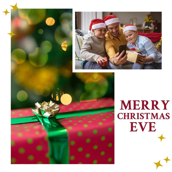 Σύνθεση Χαρούμενου Χριστουγεννιάτικου Κειμένου Καυκάσια Οικογένεια Και Παρουσιάζει Λευκό Φόντο — Φωτογραφία Αρχείου