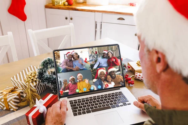 Homme Caucasien Avec Chapeau Père Noël Ayant Appel Vidéo Avec — Photo