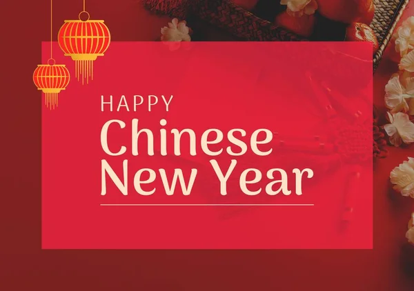 Kırmızı Arkaplandaki Süslemeler Üzerine Mutlu Çin Yeni Yıl Metni Kompozisyonu — Stok fotoğraf