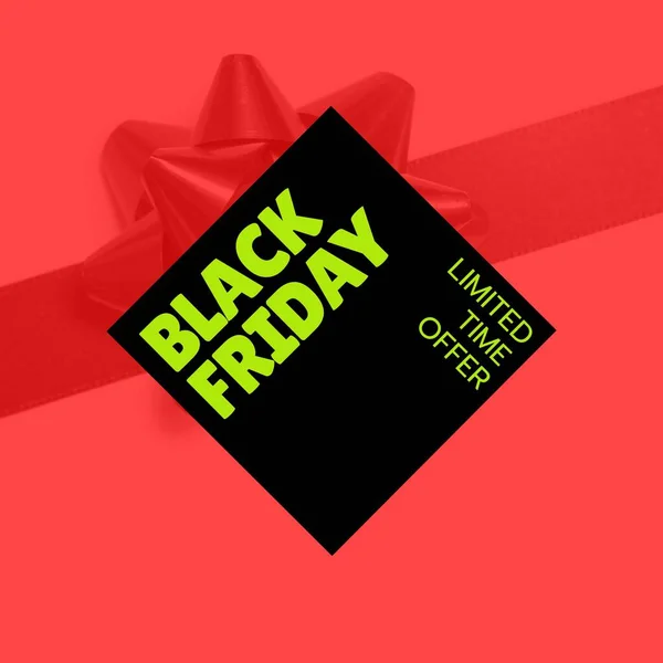 Composition Black Friday Text Black Sign Red Present Ribbon Black — Stock Photo, Image